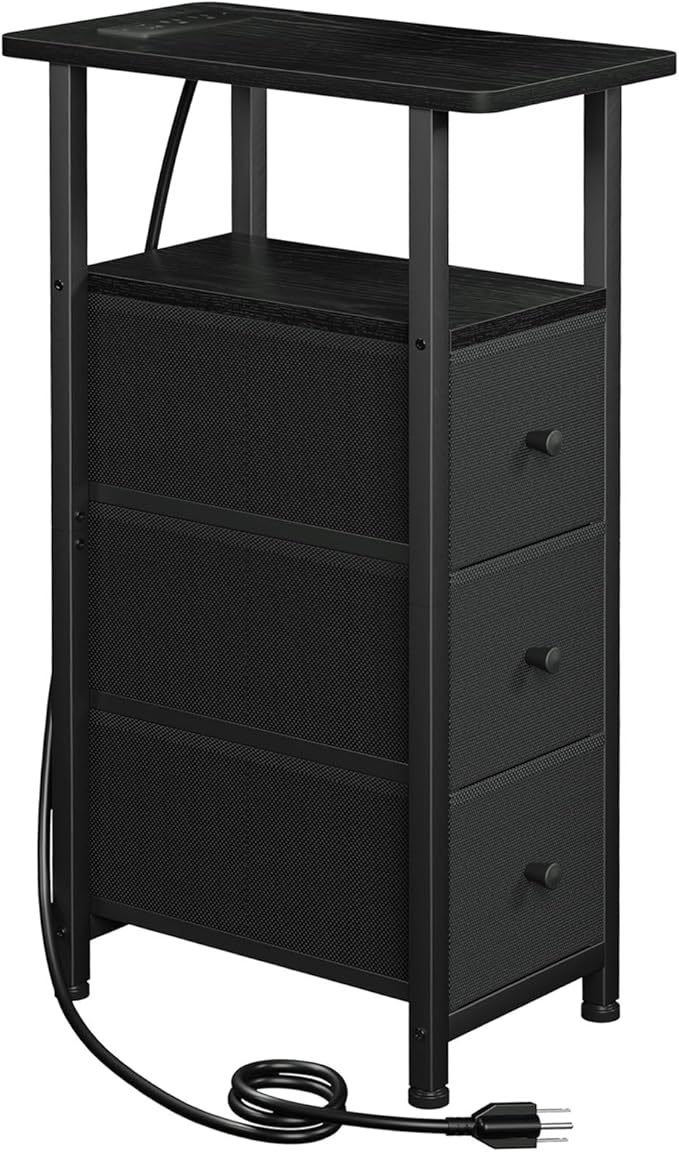LOAKEKEL Narrow End Table Living Room with Charging Station, Skinny Side Table with Fabric Drawers, Slim Nightstand for Bedroom, Small Spaces, Couch, Black, HETNDP03BK-1