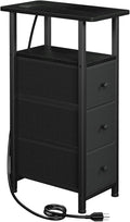LOAKEKEL Narrow End Table Living Room with Charging Station, Skinny Side Table with Fabric Drawers, Slim Nightstand for Bedroom, Small Spaces, Couch, Black, HETNDP03BK-1