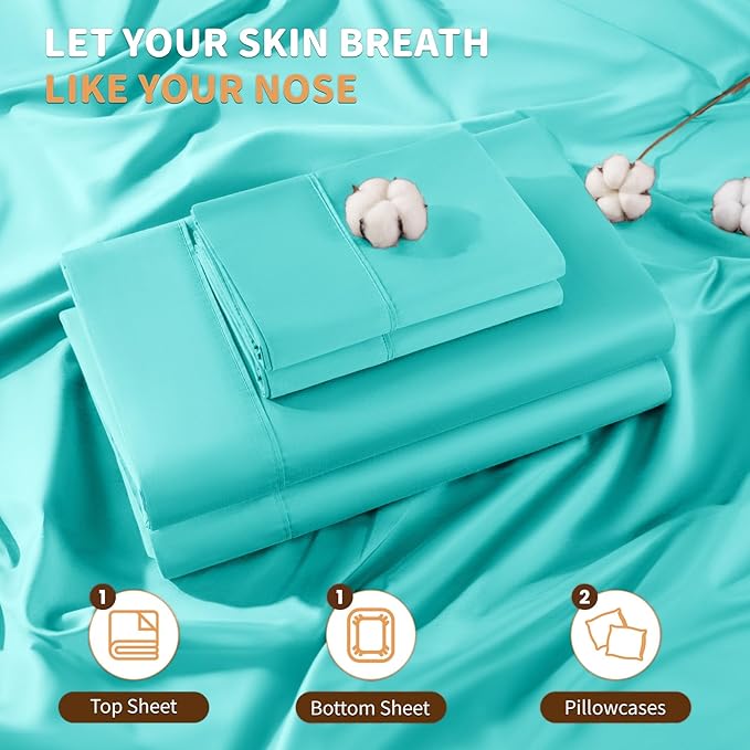 LBRO2M 100% Cotton Sheets Set Deep Pocket 19", 1000 Thread Count King Size 4 Piece Bed Sheet Sets Soft Comfortable Bedding All Season (King, Lake Green)