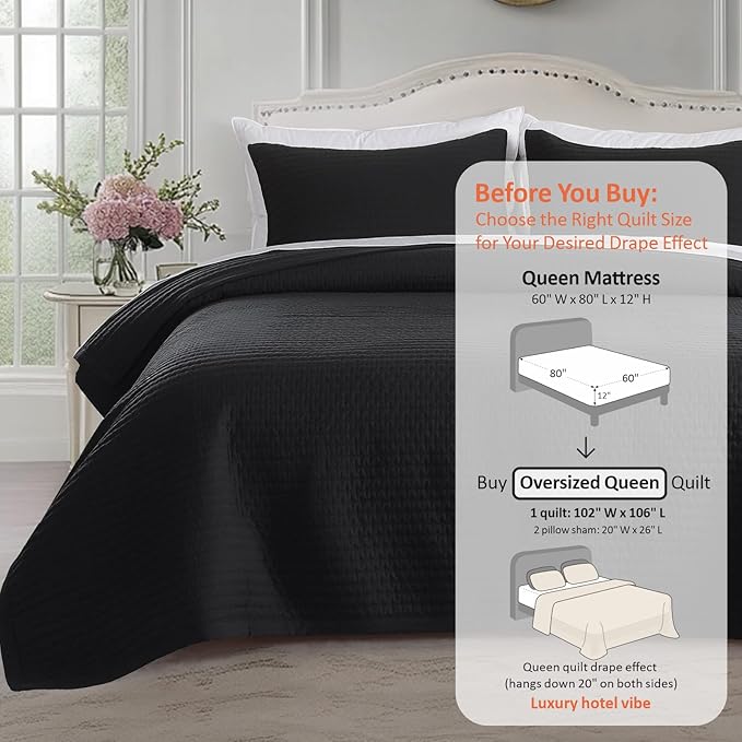 KASENTEX Oversized Queen Quilt Set 102"x106" – Soft Washed 3-Layer Lightweight Bedspread, Minimalist Nordic Design, All-Season Spring & Summer Quilt Set (1 Quilt + 2 Pillow Shams), Jet Black