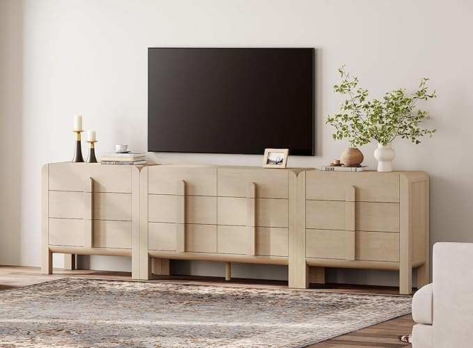WAMPAT 3 Piece Bedroom Dresser Set, 110.2" Wide Mid Century Modern Chest of Drawers with Curved Handles, Dresser TV Stand with 12 Drawers, Wood Drawer Organizer for Bedroom, Light Oak