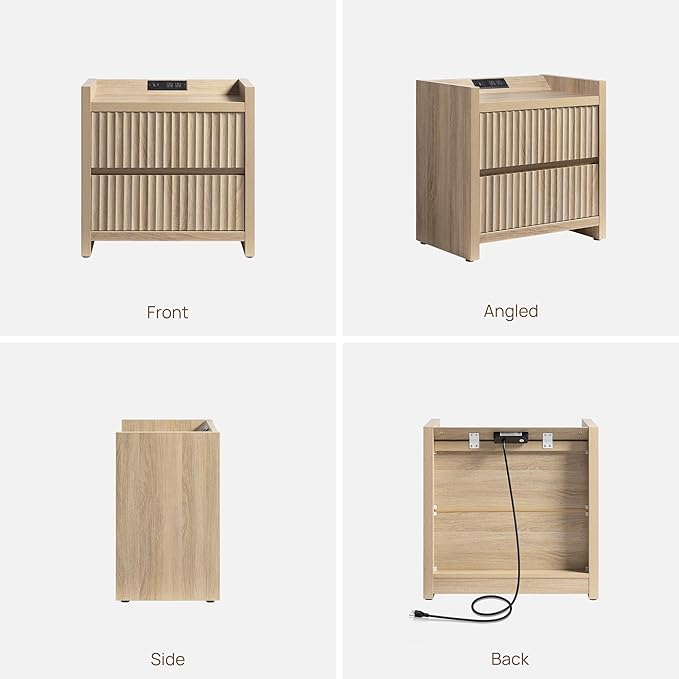 SICOTAS Night Stand Fluted Nightstands with Charging Station- Modern 2 Drawers Nightstand 25" Tall Bedside Table End Table, Large Night Stands for Bedroom, Living Room Sofa Side (Light Oak, 1 Piece)