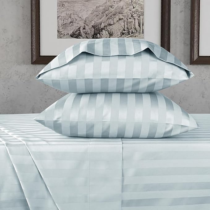 URBANHUT 800 Thread Count 100% Cotton Damask Full Size Sheets, 4 Piece Striped Full Size Bedsheets, Luxury Hotel Sheets Sateen Weave - Better Than Egyptian, 16" Elasticized Deep Pocket- Light Blue