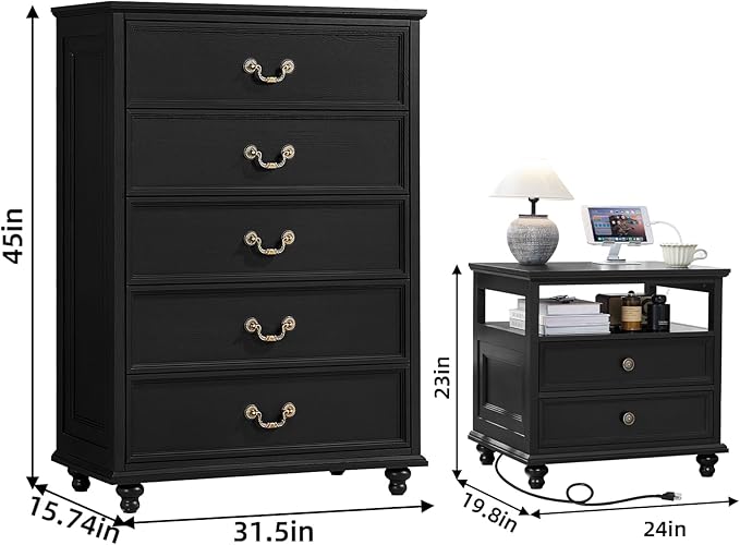 24" Wide Farmhouse Nightstand with Charging Station Set of 2, 45" Tall Rustic Chests of 5 Drawers w/ 4 Solid Wood Feet, Farmhouse Furniture Series for Living Room,Bedroom,Black