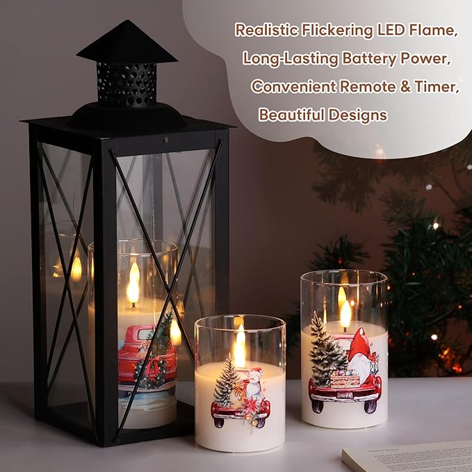 Eywamage Christmas Glass Flameless Candles with Remote, Flickering LED Pillar Candles Holiday Table Decor Gift Set of 3