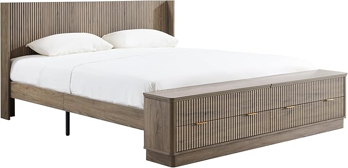 T4TREAM Fluted King Size Bed Frame with Wingback Headboard, Footboard Storage Bench with Built-in Drawers & Lift-Up Compartments, Wood & Steel Platform Bed, No Box Spring Needed, Grey Alder