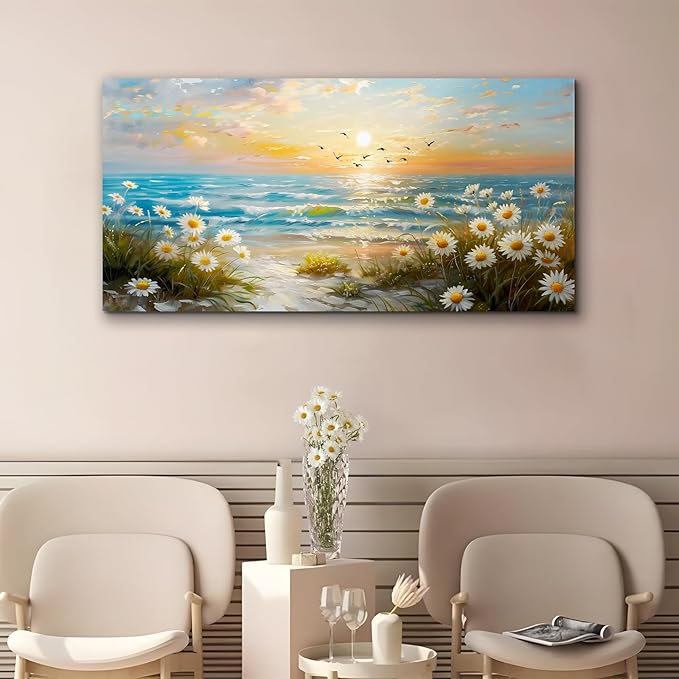 SERIMINO Large Canvas Wall Art Prints, Ocean Sunset Landscape Canvas Prints Paintings, Coastal Daisy Paintings Decor, Seaside Wildflowers Wall Decor for Bedroom Living Room Dining Room 29"X57"