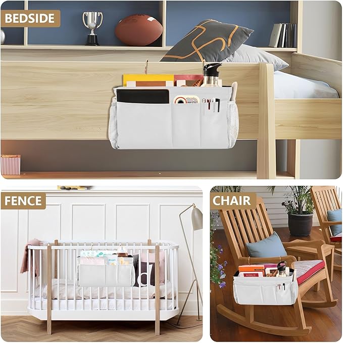 KOPIRIT White Bedside Caddy Storage Bag Bedside Organizer for Bunk Bed Headboards College Hanging Storage Organizer 6 Pockets with Hooks for Drinks Magazine Phone Holder