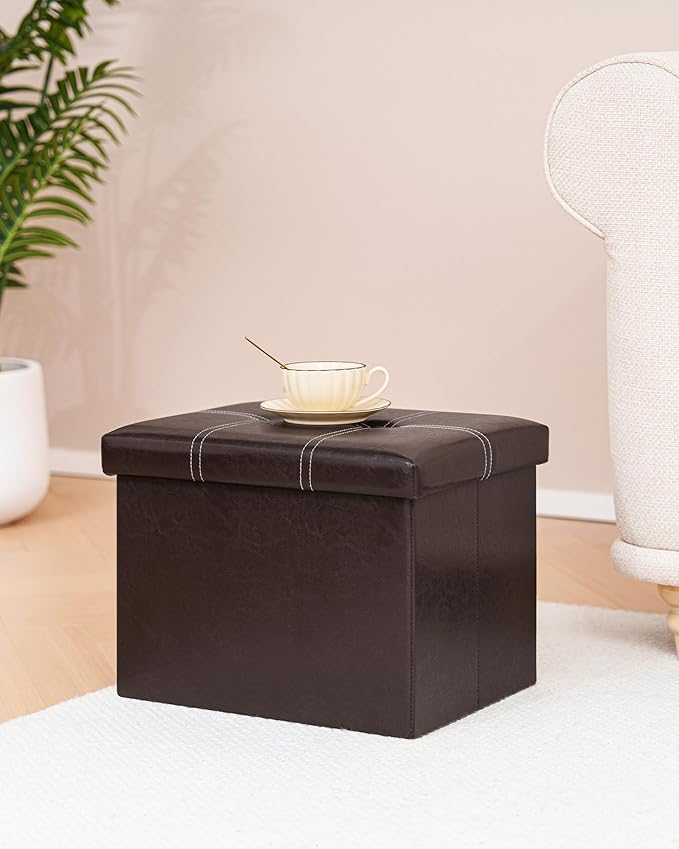 B FSOBEIIALEO Folding Storage Ottoman Cube, Faux Leather Footrest Seat Coffee Table, Brown 16.5"x12.6"x12.6"