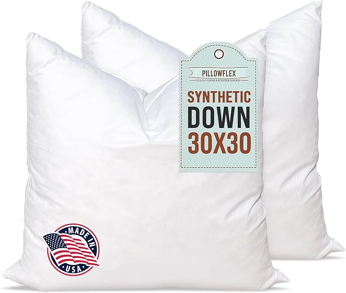 Pillowflex Synthetic Down Alternative Pillow Inserts for Shams - Comfy Pillows for Sleeping, Perfect Pillow & Best Sleeping Pillows, Handmade Down Alternative Throw Pillow Inserts - (30x30 Set of 2)