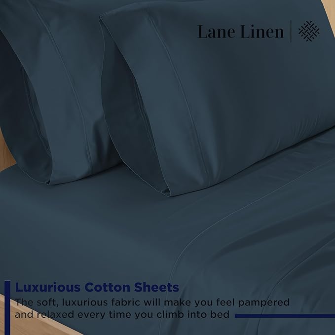 LANE LINEN 100% Cotton Sheets Queen Size – 600 Thread Count Naturally Cooling Queen Bed Set, Durable Bedding for Daily Use, Luxury Sateen Finish, Snug Fit 15" Deep Pocket Fitted Sheet – Estate Blue