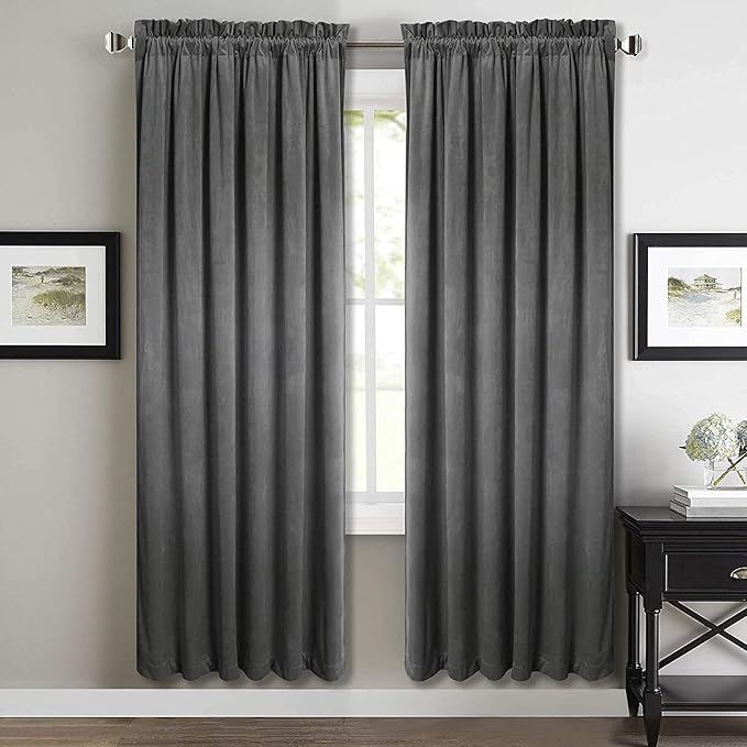 StangH Super Soft Thick Thermal Insulated Velvet Curtains Rod Pocket Room Darkening Privacy Window Treatment Drapes Short Curtains for Bedroom/Dining Room, Grey, W52 x L72, 2 Panels