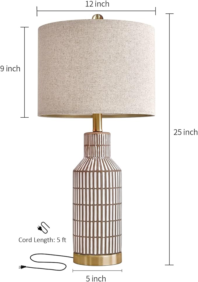 25" Table Lamps Set of 2, Modern Ceramic Bedside Lamps - Farmhouse Brown Nightstand Lamps for Bedroom, Boho Living Room End Table & Office Desk Decor