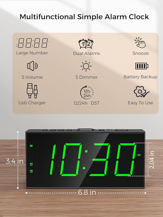 PPLEE Digital Alarm Clock for Bedroom, 2 Alarms Large Big Numbers Display with Dimmer for Living Room, Electric Bedside Desk Clock with Power Adapter, USB Charger, Adjustable Volume, Green LED Display