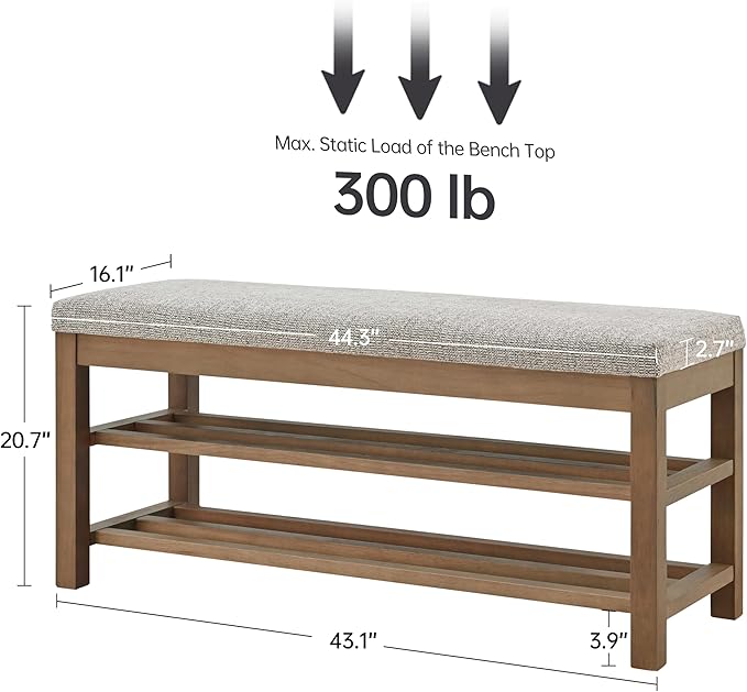 VKNOW Entryway Bench, 44.3” Upholstered Shoe Bench for Bedroom, 2-Tier Storage End of Bed Bench with Rubberwood Legs for Living Room, Hallway, Brown