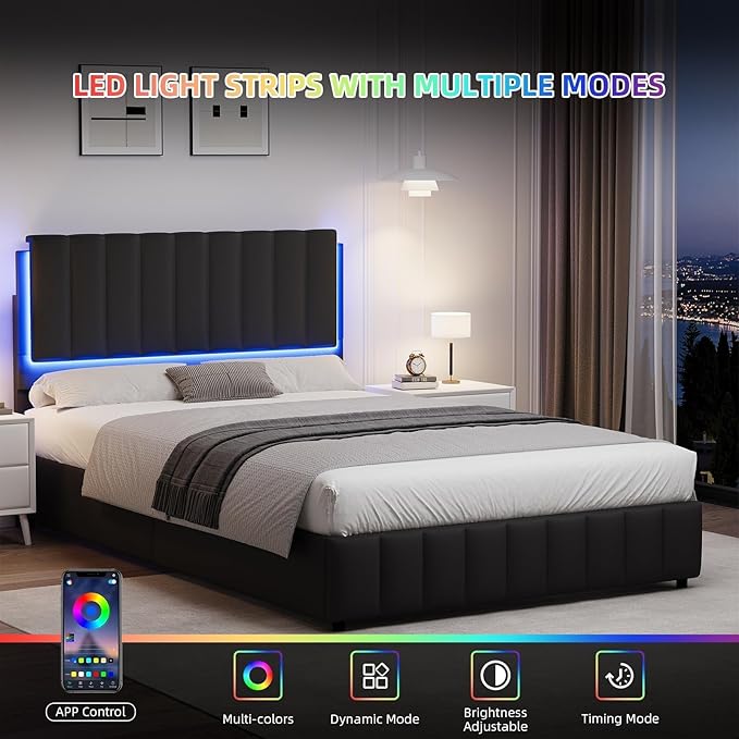 Queen Size Bed Frame with Headboard and LED Lights, Modern Upholstered Faux Leather Platform Bed with Wooden Slats Support, No Box Spring Needed, Easy Assembly, Black
