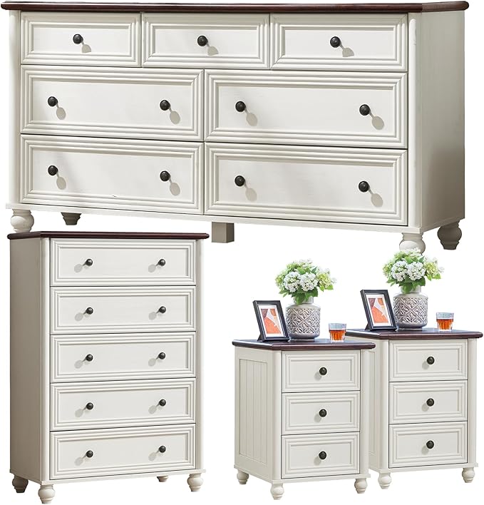 Farmhouse Dressers & Night Stand Set of 4, Wood 54" Wide 7 Drawer Dresser & 45" Tall Chest of Drawers, 18" Roman Column Nightstand Set of 2, Bedroom Furniture Dresser Sets for Home Living Room Hallway