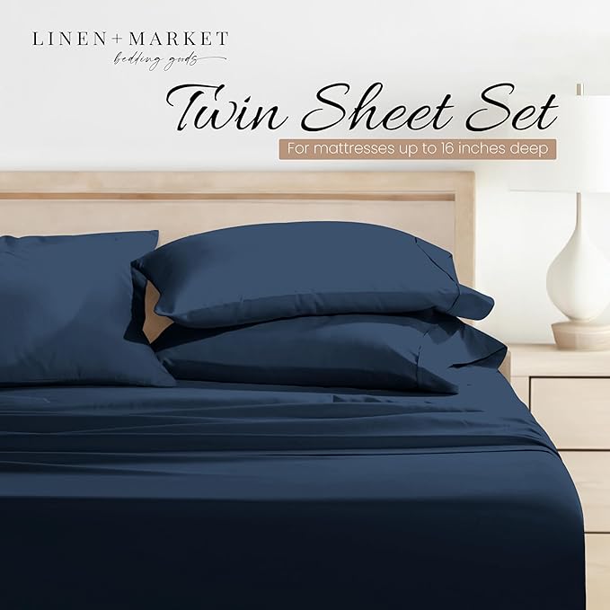 Linen Market Bed Sheets for Twin Size Bed (Navy) - Sleep Better Than Ever with These Soft and Cooling Twin Sheets - Deep Pocket Fits 16" Thick Beds - 3 Piece Twin Sheet Set