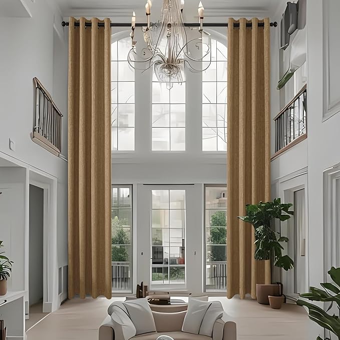 Extra Long Linen Curtains 144 inch Length 2 Panels Thick Faux Linen Blended Window Drapes Burlap Textured Curtains with Grommet for Living Room Farmhouse 12ft (52x144 Light Coffee) Natural