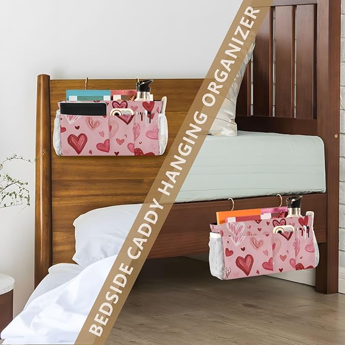 Bedside Caddy Hanging Bunk Bed Caddy Bed Organizer Hanging Pocket with 2 Hooks Bedside Storage Organizer Pocket Bag Holder Pink Cute Hearts