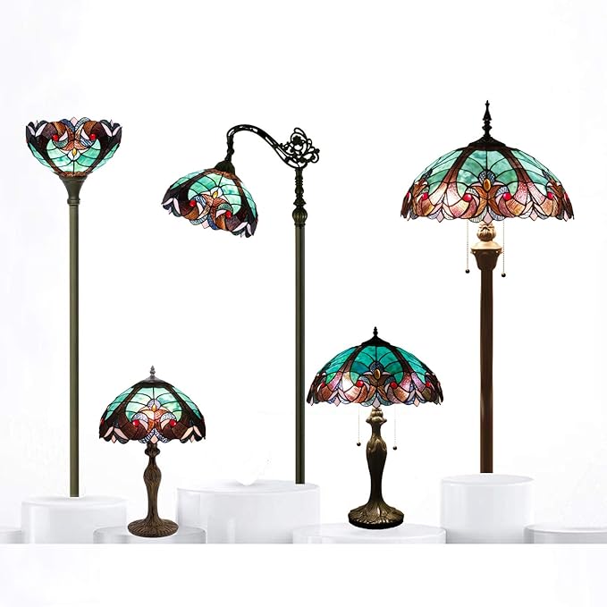 WERFACTORY Tiffany Style Table Lamp Green Stained Glass Liaison Lamp 12X12X22 Inches Mother-Daughter Vase Desk Reading Light Decor Bedroom Living Room Home Office S160G Series