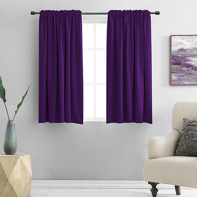 DONREN 54 Inch Length Royal Purple Blackout Curtains for Kitchen - Small Window Treatment Rod Pocket Curtain Drapes for Bedroom(Set of 2 Panels)