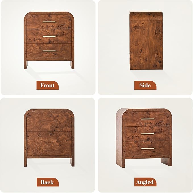 Farmhouse Nightstand Set of 2, 23.5" Curved Modern Night Stand with 3-Drawer, Bedside Table, End Table for Bedroom, Storage Cabinet for Living Room Home Office Entryway, Dark Burl
