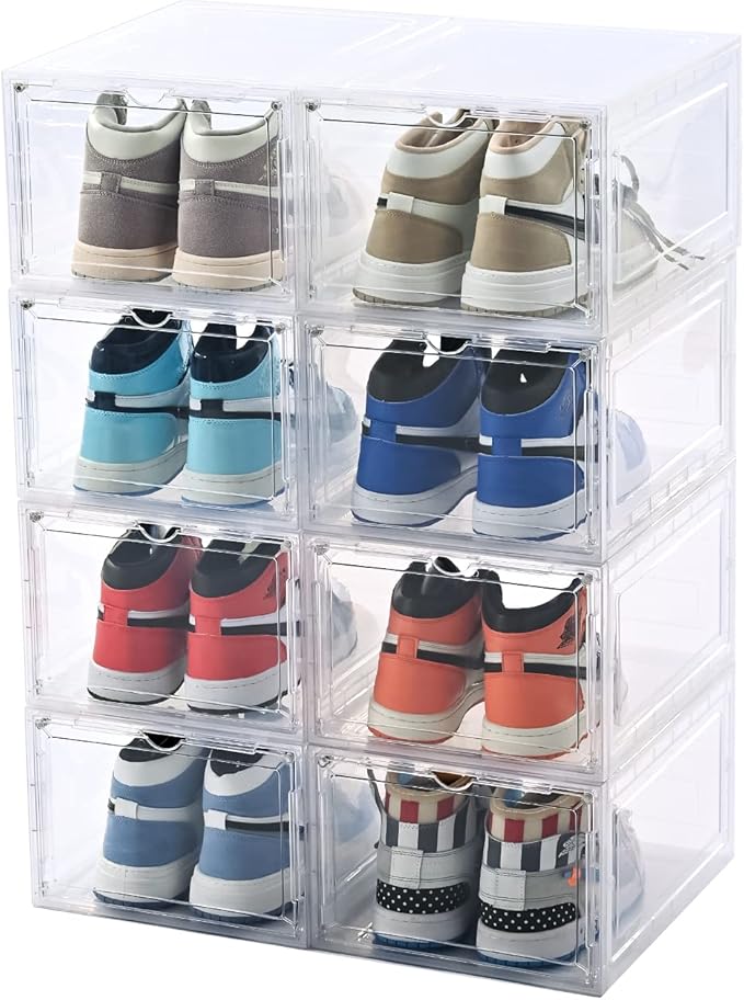 KEFA 8 Pack XXL Large Shoe Storage Box Fit for Size US 15, Shoe Organizer Clear Plastic Shoe Boxes (8 PACK CLEAR)