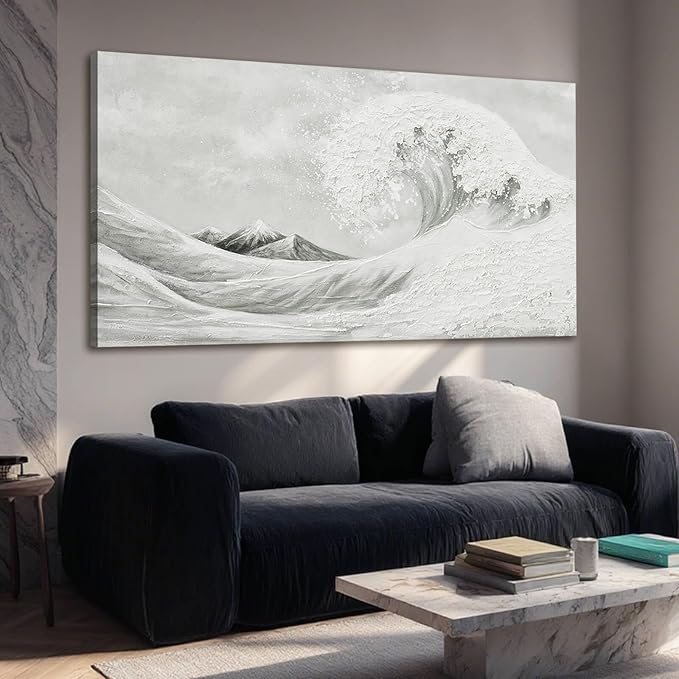 YETHEN WAL Neutral Grey & White Wave Wall Art – Textured Minimalist Canvas Print, Modern Coastal Decor for Hallway Entryway Bedroom, 20×40 Inch