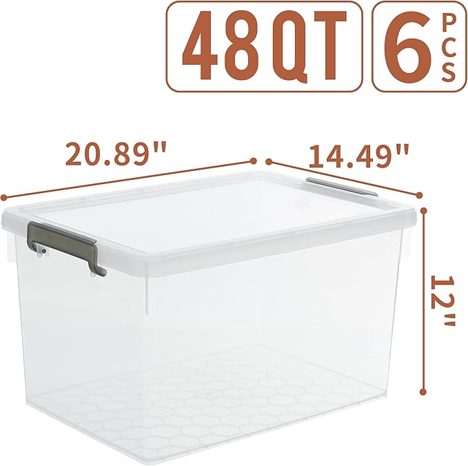 Citylife 48 QT 6 Packs Plastic Storage Bins with Lids and Secure Latching Buckles Clear Stackable Storage Containers for Organizing Durable Storage Box