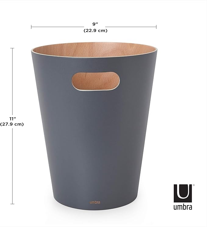 Umbra Woodrow 2-Gallon Modern Wooden Trash Can Wastebasket, Attractive Bin for Garbage or Recycling, Suitable for Home or Office, Dark Grey/Natural