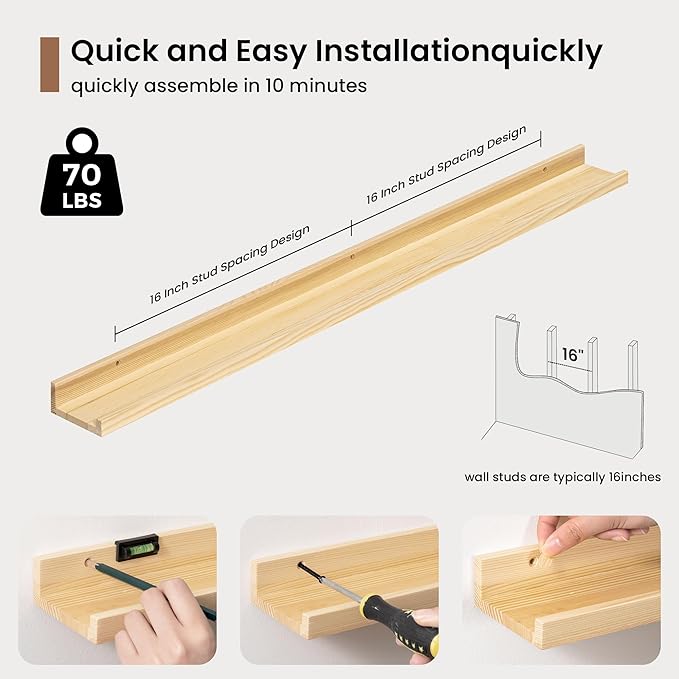Picture Ledge Shelf, Floating Shelves Set of 2, 40 Inches Solid Wood Nursery Book Shelves for Toys Storage, Kids Bookshelf Wall Mounted for Living Room Decor Books Photo Frames, Unfinished Natural