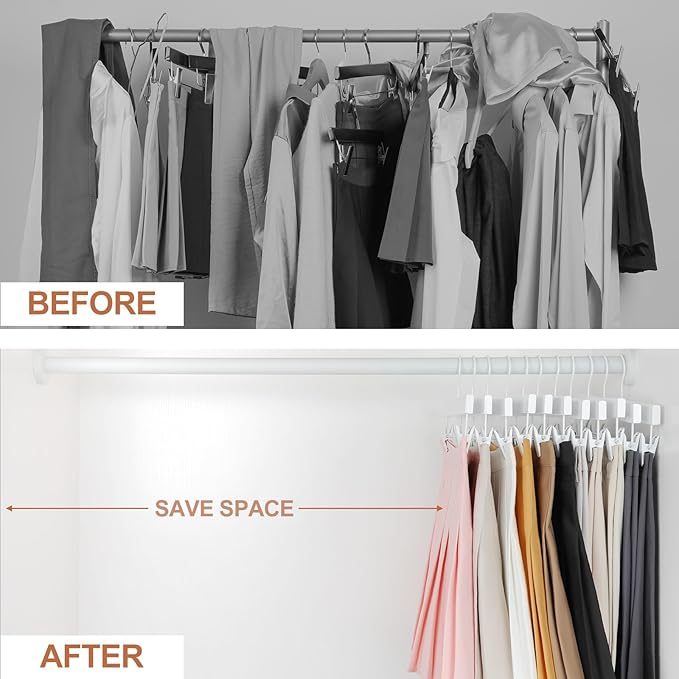 TOPIA HANGER Lotus Wood Pants Hangers, Skirt Short Bridal Trousers Slacks Hangers with 2 Premium Adjustable White Metal Clips with Rubber Stopper Padded 360° Swivel White Hook 10 Pack, CT55W