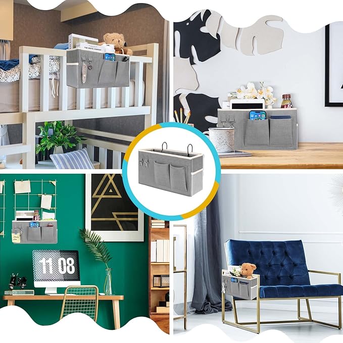 1pcs Bedside Caddy Hanging Storage Bag, Organizer Baskets with Pockets for Bunk Bed Accessories, Loft & Dorm Rooms Chair Bed Rails (Grey-1pcs)