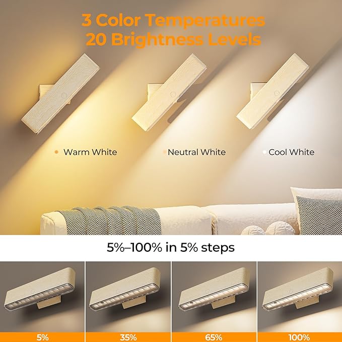 MOITA Magnetic Wireless Battery Operated Wall Sconce, Rechargeable Remote Control & Touch Control Wall Sconces Set of Two, 3-Color Temperatures LED Wall Lights, 360° Rotatable (Beech, 2-Pack)