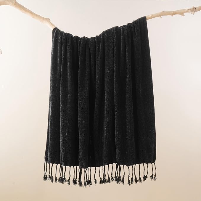BATTILO HOME Black Throw Blanket for Couch, Bed, Sofa - Soft Cozy Chenille Throw with Fringe Tassels, Lightweight Chenille Knit Throw for Home Decor, 50"x60"