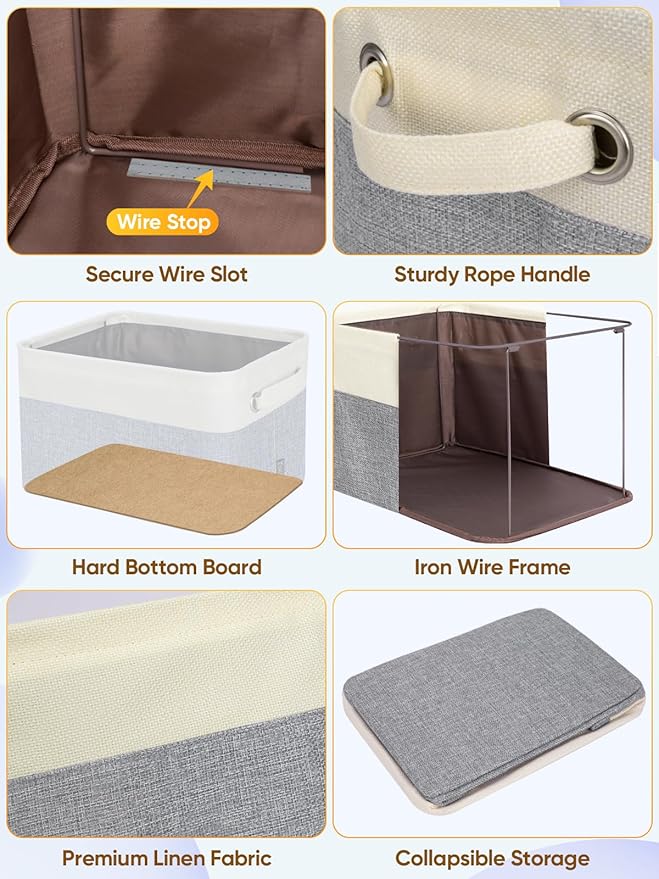 BALEINE 2 Pack Fabric Storage Bins for Shelves, Linen Storage Baskets for Organizing, Decorative Closet Bins for Clothes, Home (Grey, 15"x11"x9.5")