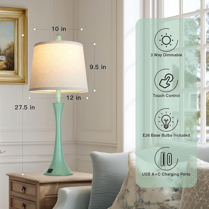 Coastal Modern Green Table Lamps Set of 2 for Living Room, 27.5" Tall Bedside Lamp with USB Charging Port,3-Way Dimmable Touch Nightstand Lamp for Bedroom Desk Side Table Office,Green