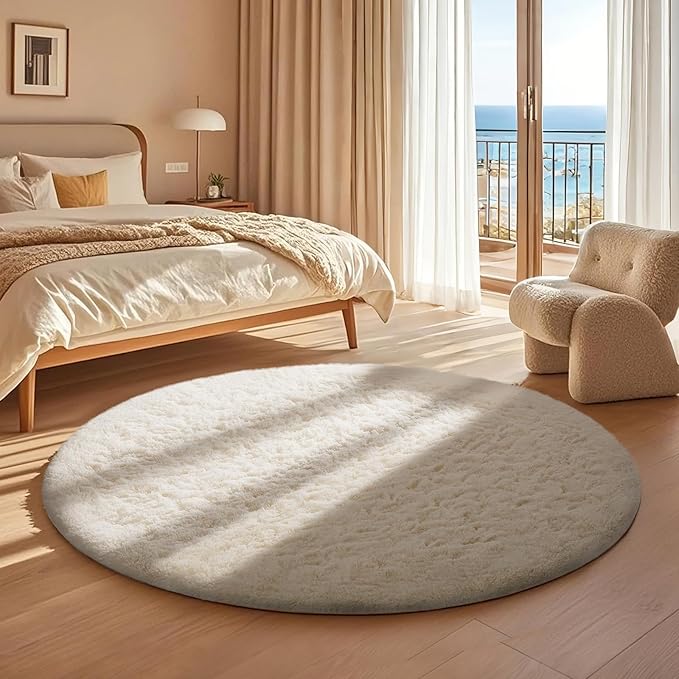 Ophanie Round Rug 4Ft Ivory Circle Area Rugs, Fluffy Fuzzy Small Bedroom Carpet 4 foot, Plush Shag Floor Cream Living Room Christmas Circular Aesthetic Decor for Kids Teen Boys Baby, Nursery,Classroom