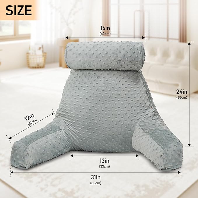 Reading Pillow for Sitting in Bed, Extra Large Backrest Support Cushion with Arms, Sit up Back Pillow Shredded Memory Foam back support Chair Pillow, Bed Rest Pillows with pocket, Detachable Neck Roll
