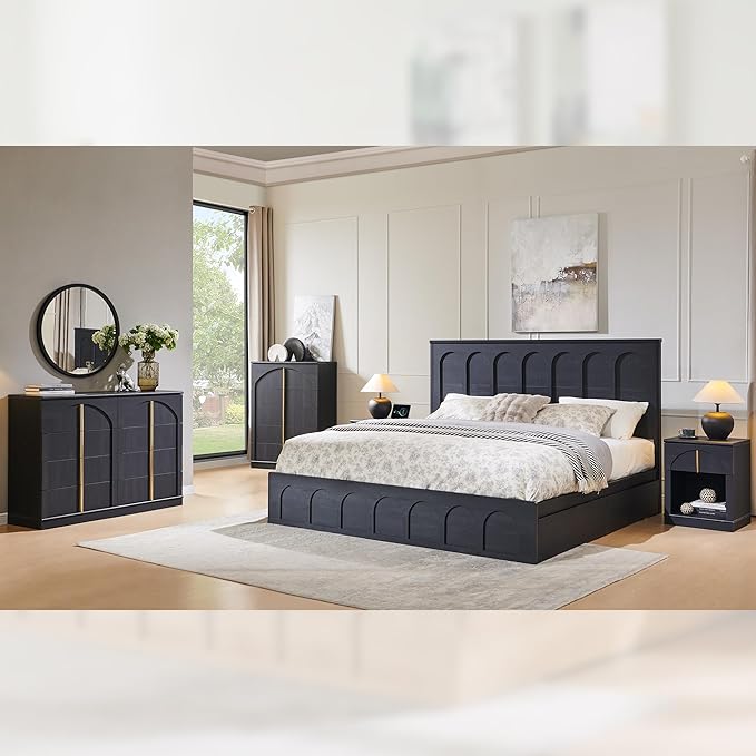 ACCOHOHO Modern Night Stand with Arched Panel,18" Wooden nightstand with Charging Station,Bedside Table with Drawer Storage,Side End Table with Open Shelf for Bedroom,Living Room,Black