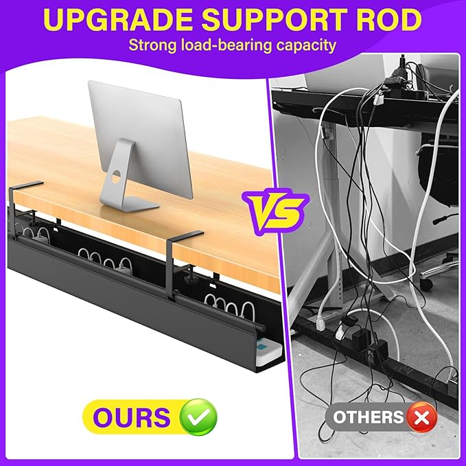 Large Under Desk Cable Management Tray, REFLYING 43.7" Cable Management Under Desk No Drill,Adjustable Clamp Cord Wire Organizer, Cord Hider for Standing Table, Wire Hider for Office,Home (Large)
