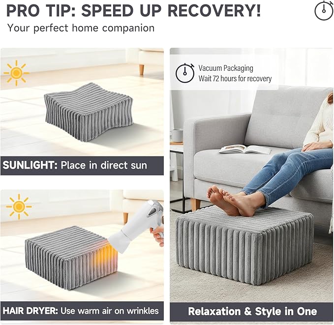 Tiita Suqre Stuffed Pouf Ottoman, Stripe Poufs 21×21×10 inch with Foam Chunk Filling, Floor Bean Bag Floor Chair Storage for Living Room Bedroom Home Decor, Grey
