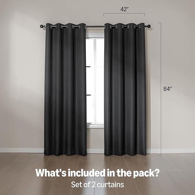 Amazon Basics Faux Linen Blackout Curtains for Bedroom and Living Room, 2-Piece Set with Grommets, 42" W x 84" L, Black