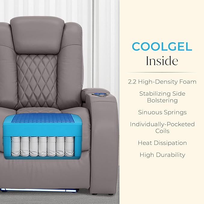 Seatcraft Diamante Zero-Gravity CoolZero Italian Leather Home Theater Seating, Power Headrest, Power Recline, Row of 3 Left Loveseat, Gray