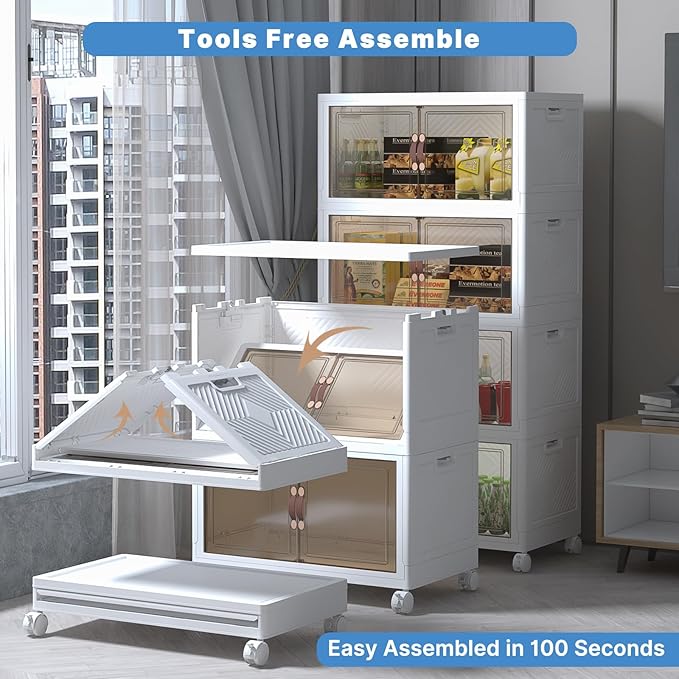Extra Large Stackable Storage Bins with Lids&Wheels,500QT-125QT/32GAL*4Pack Collapsible Container Closet Organizers,Plastic Stackable Storage drawers for bedroom Dorm