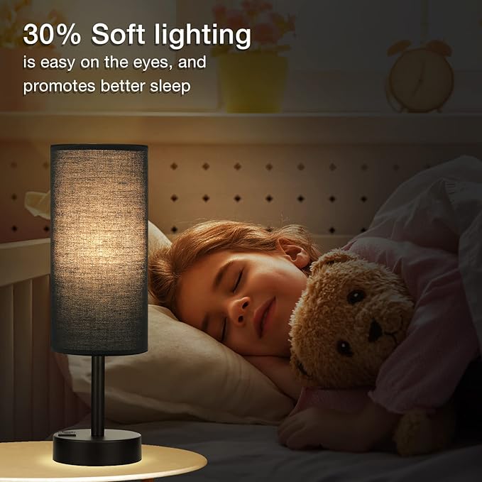 Black Touch Nightstand Lamps for Girl - Small Bedside Lamp with USB-C and USB Charging Ports, 3 Way Dimmable Control Table Lamp for Living Room Office, Dorm, Reading with Fabric Shade Black Base