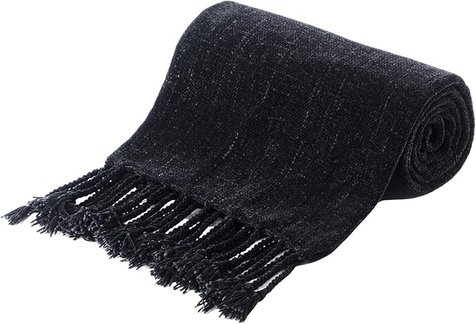 BATTILO HOME Black Throw Blanket for Couch, Bed, Sofa - Soft Cozy Chenille Throw with Fringe Tassels, Lightweight Chenille Knit Throw for Home Decor, 50"x60"