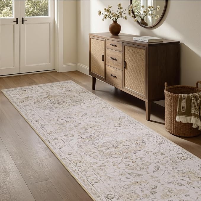 PADOOR 2X10 Runner Rug,Runners for Hallways,Soft Beige Washable Bedside Rugs for Bedroom,Non Slip Long Rug for Hallways Entryway Laundry Room Stair Kitchen Bathroom