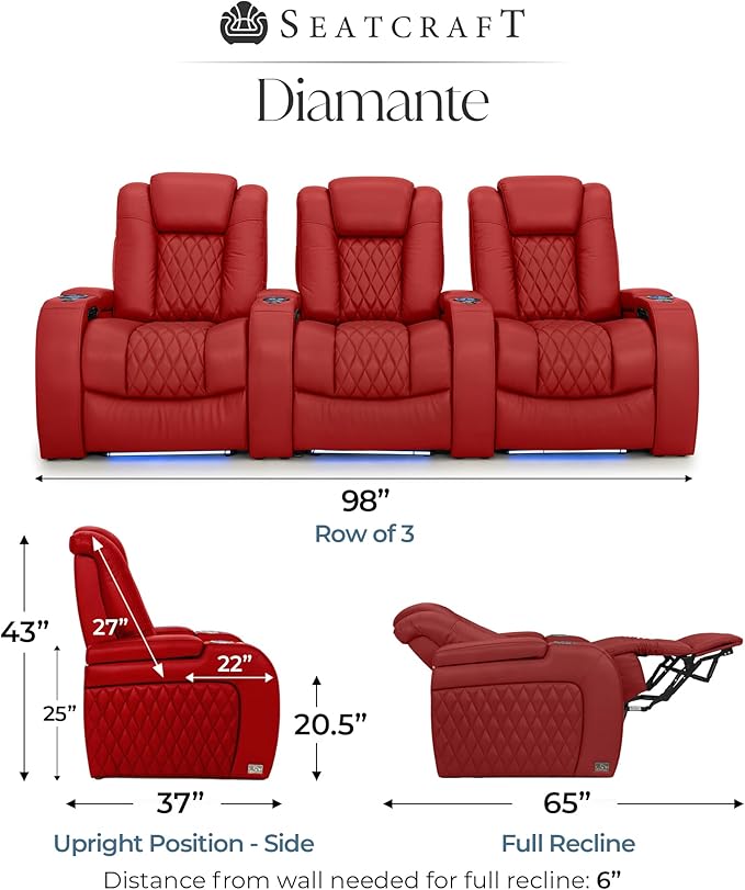 Seatcraft Diamante Zero-Gravity CoolZero Italian Leather Home Theater Seating, Power Headrest, Power Recline, Row of 3, Red